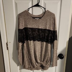 Maurices Beige Knit Long-Sleeve Top with Black Lace Band